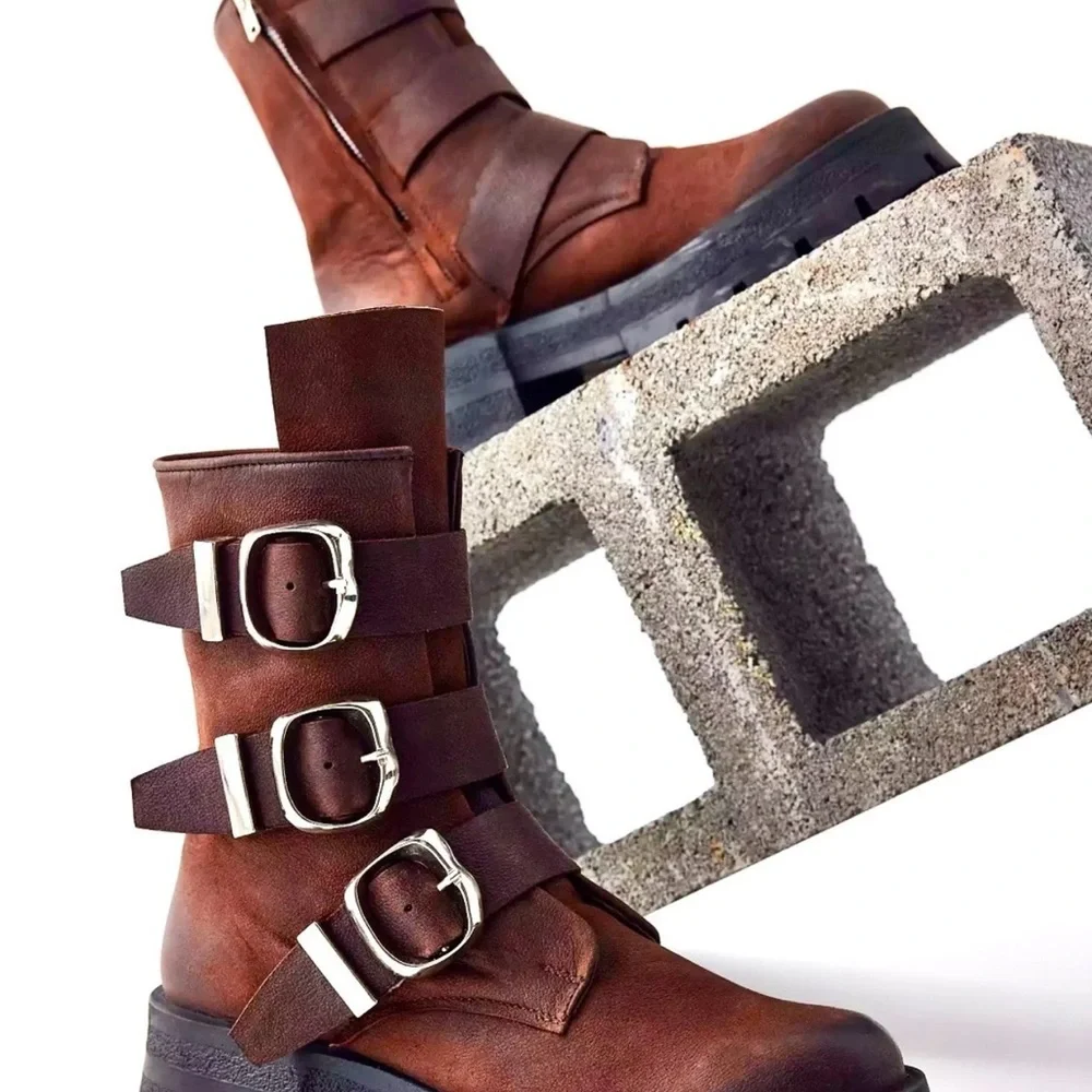 Urban Outfitters Steve Madden Roland Moto Boot Platform Lug Sole Brown - Picture 3 of 9